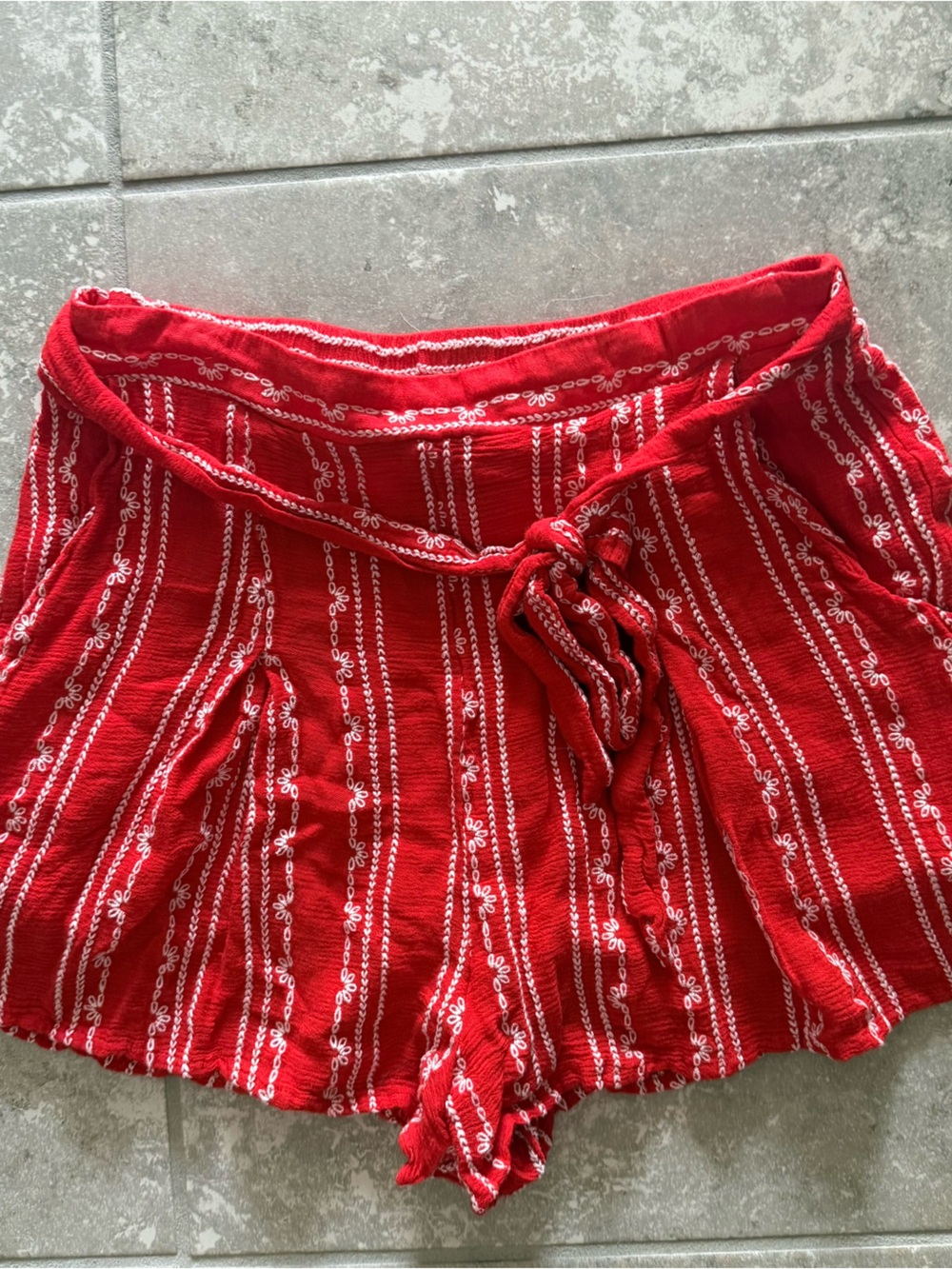 Lulu's Red Striped Mini Shorts with White Embroidered Detail